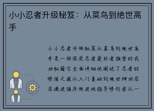 小小忍者升级秘笈：从菜鸟到绝世高手